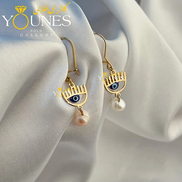 گوشواره طلا عصایی کیارا چشم نظر مروارید دار